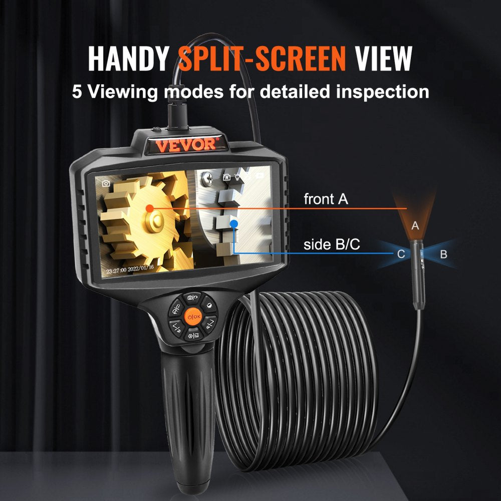 VEVOR Triple Lens Borescope, 5" IPS Screen Inspection Camera with Lights, 8X Zoom 1080P HD Split Screen, 10 LED Lights Scope Endoscope Camera for Automotive, Plumbing(16.5FT Cable, 32GB Card)