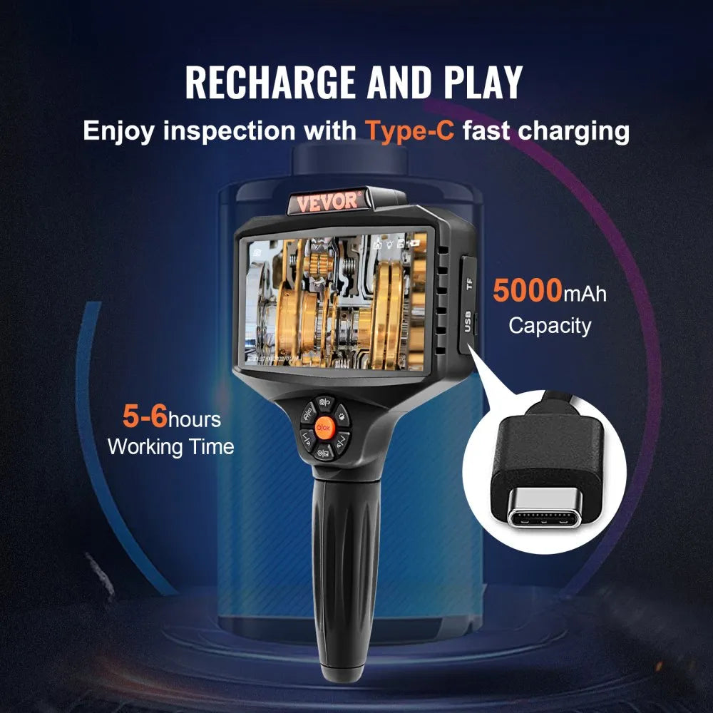 VEVOR Triple Lens Borescope, 5" IPS Screen Inspection Camera with Lights, 8X Zoom 1080P HD Split Screen, 10 LED Lights Scope Endoscope Camera for Automotive, Plumbing(16.5FT Cable, 32GB Card)