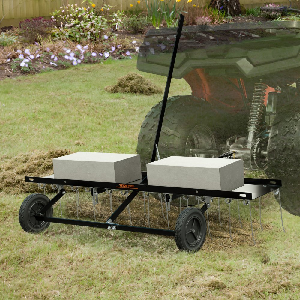 VEVOR Tow Behind Dethatcher, 48-inch Tow Dethatcher with 24 Spring Steel Tines, Lawn Dethatcher Rake for ATV or Mower, Tow Behind Lawn Rake with Lift Handle for Garden Farm Grass