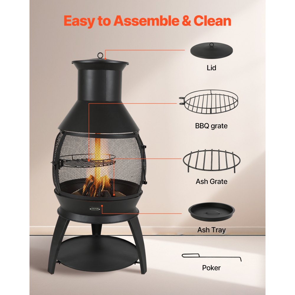 VEVOR Chiminea, 22 Inch Outdoor Wood Burning Firepit, Iron Spherical Fireplace for BBQ & Warming, Wooden Fire Pit with Grill Mesh, Chimney Coat & Rustproof Chiminea Lid, for Patio, Garden, Backyard