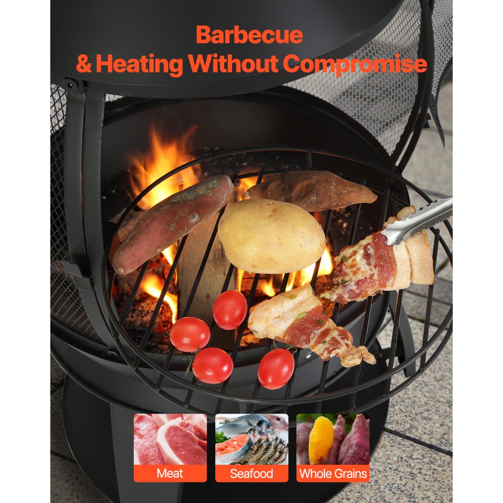 VEVOR Chiminea, 22 Inch Outdoor Wood Burning Firepit, Iron Spherical Fireplace for BBQ & Warming, Wooden Fire Pit with Grill Mesh, Chimney Coat & Rustproof Chiminea Lid, for Patio, Garden, Backyard