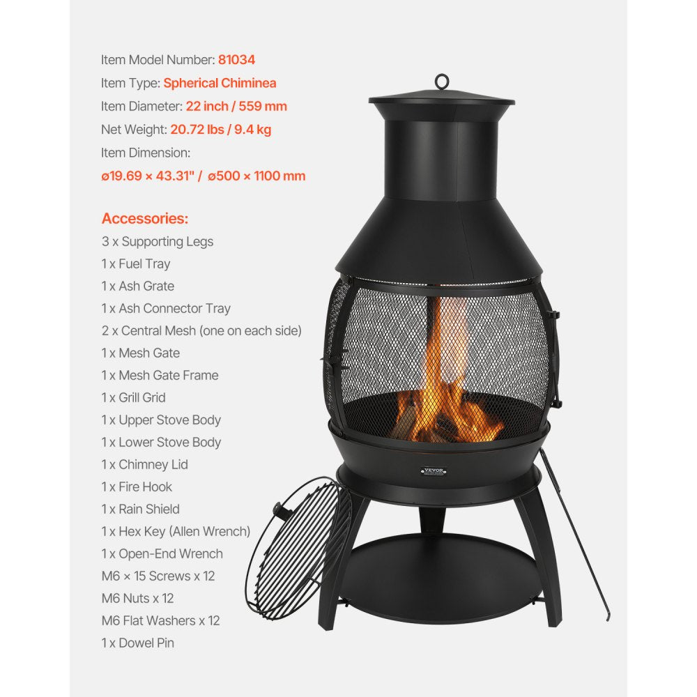 VEVOR Chiminea, 22 Inch Outdoor Wood Burning Firepit, Iron Spherical Fireplace for BBQ & Warming, Wooden Fire Pit with Grill Mesh, Chimney Coat & Rustproof Chiminea Lid, for Patio, Garden, Backyard