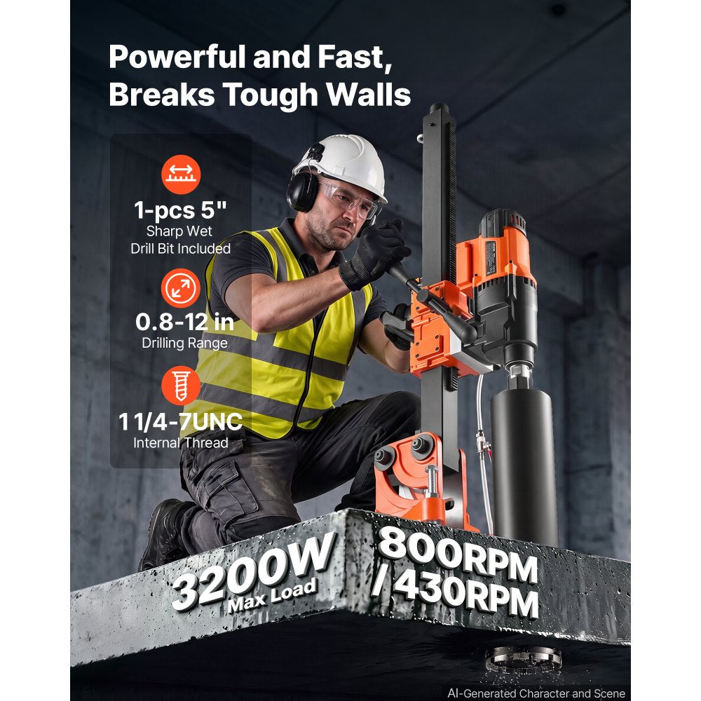 VEVOR Diamond Core Drilling Machine, 0.8-12 in Drilling Capacity, Dry/Wet Concrete Core Drill Rig with 5 in Wet Drill Bit, Tiltable Stand & Wheeled Base, 3200W 800RPM/430RPM, UNC1 1/4–7 Thread