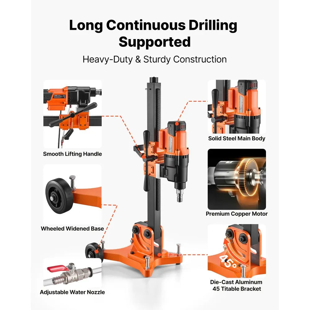 VEVOR Diamond Core Drilling Machine, 0.8-12 in Drilling Capacity, Dry/Wet Concrete Core Drill Rig with 12 Drill Bits,  Tiltable Stand & Wheeled Base, 3200W 800RPM/430RPM, UNC1 1/4–7 Thread