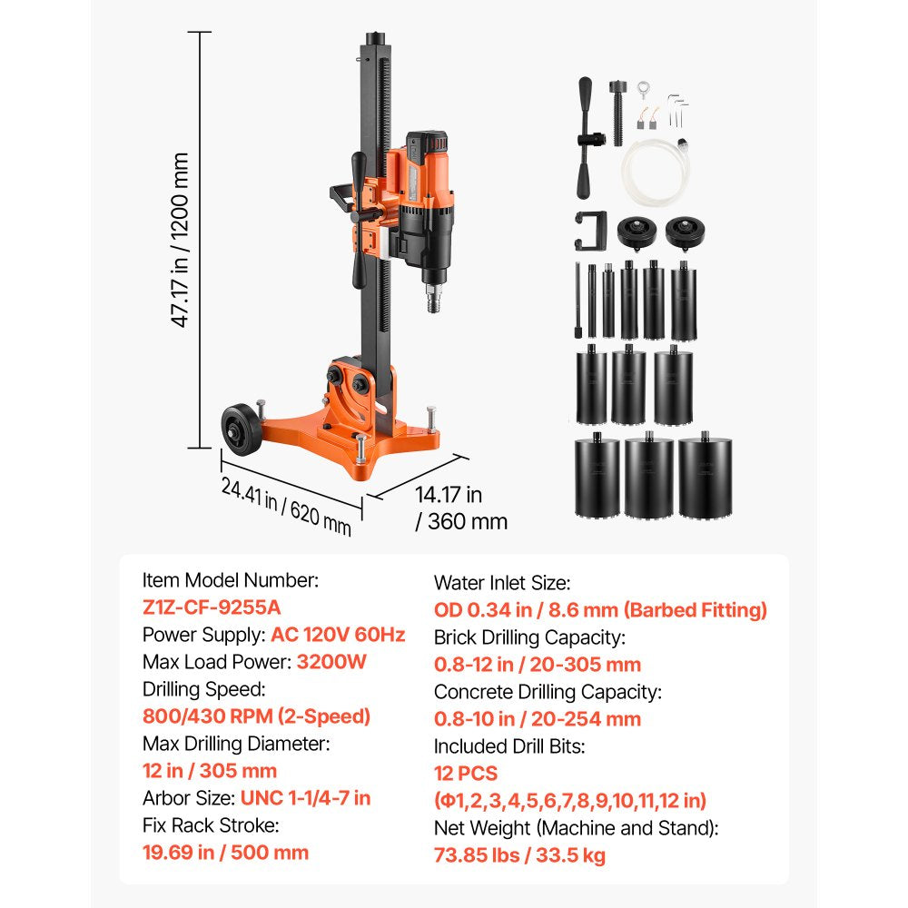 VEVOR Diamond Core Drilling Machine, 0.8-12 in Drilling Capacity, Dry/Wet Concrete Core Drill Rig with 12 Drill Bits,  Tiltable Stand & Wheeled Base, 3200W 800RPM/430RPM, UNC1 1/4–7 Thread