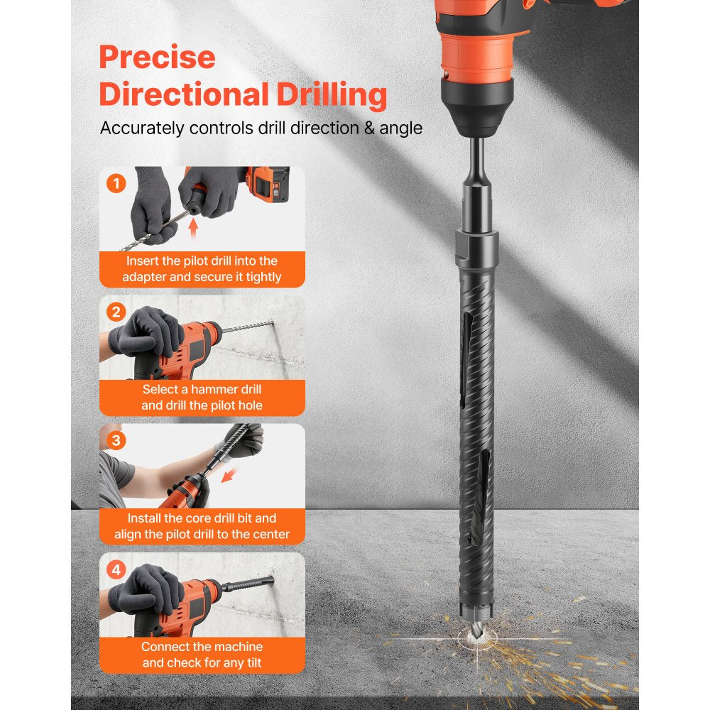 VEVOR Core Drill Bit, 1 inch Diameter, 9-1/2 inch Drilling Depth, 5/8-11 Internal Thread, Diamond Dry Coring Bit with 3 Adapters, Pilot Drill and Hex Wrench, for Concrete, Red Bricks, and Masonry