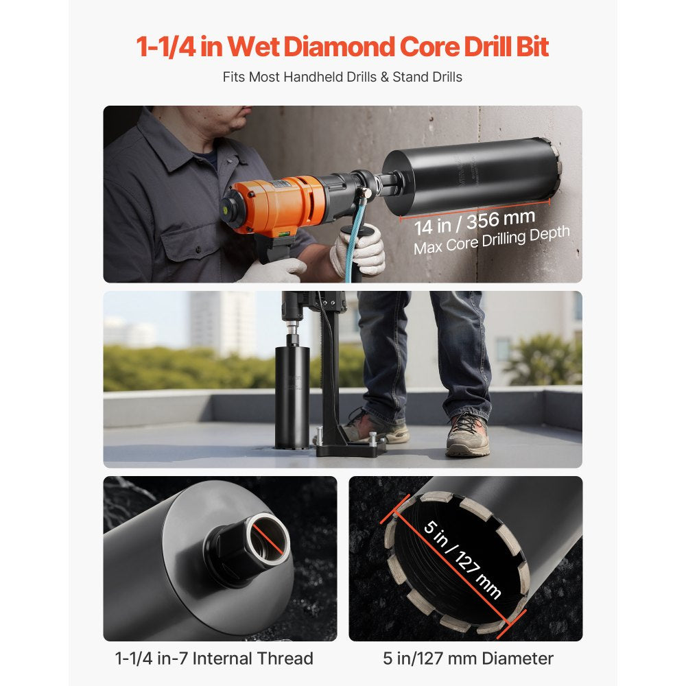 VEVOR Core Drill Bit, 5 inch Diameter, 14 inch Drilling Depth, 1-1/4 in-7 Internal Thread, High-Precision Welding Technology, Wet Diamond Core Bit for Reinforced Concrete, Red Bricks, and Masonry
