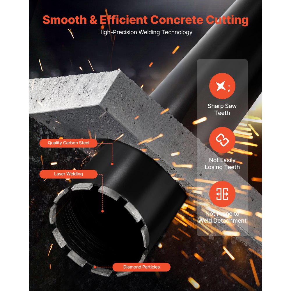 VEVOR Core Drill Bit, 5 inch Diameter, 14 inch Drilling Depth, 1-1/4 in-7 Internal Thread, High-Precision Welding Technology, Wet Diamond Core Bit for Reinforced Concrete, Red Bricks, and Masonry