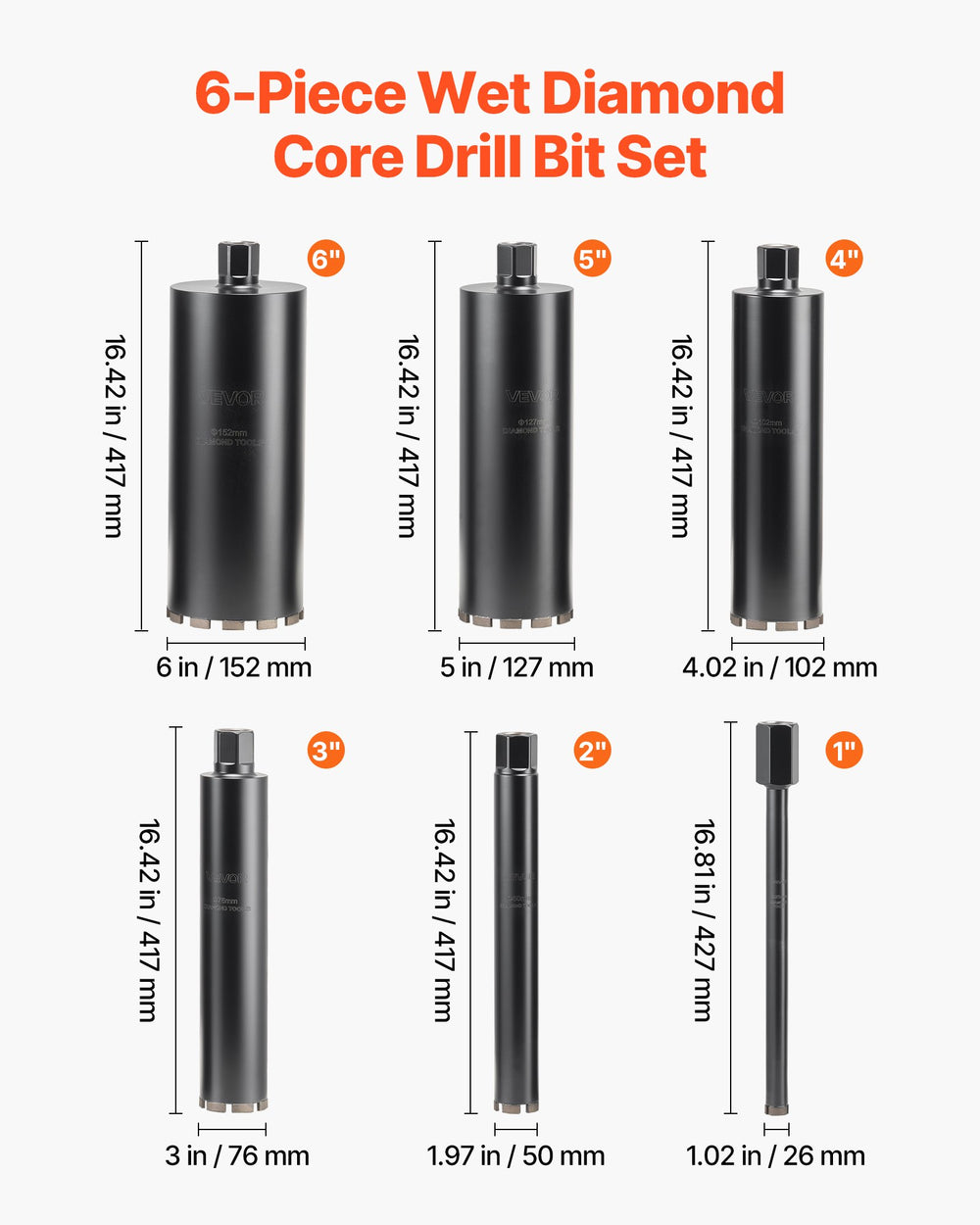 VEVOR Core Drill Bit, 6 Pieces, 1/2/3/4/5/6 inch Diameter, 14 inch Drilling Depth, 1-1/4 in-7 Internal Thread, High-Precision Welding, Wet Diamond Core Bit for Reinforced Concrete, Bricks, and Masonry