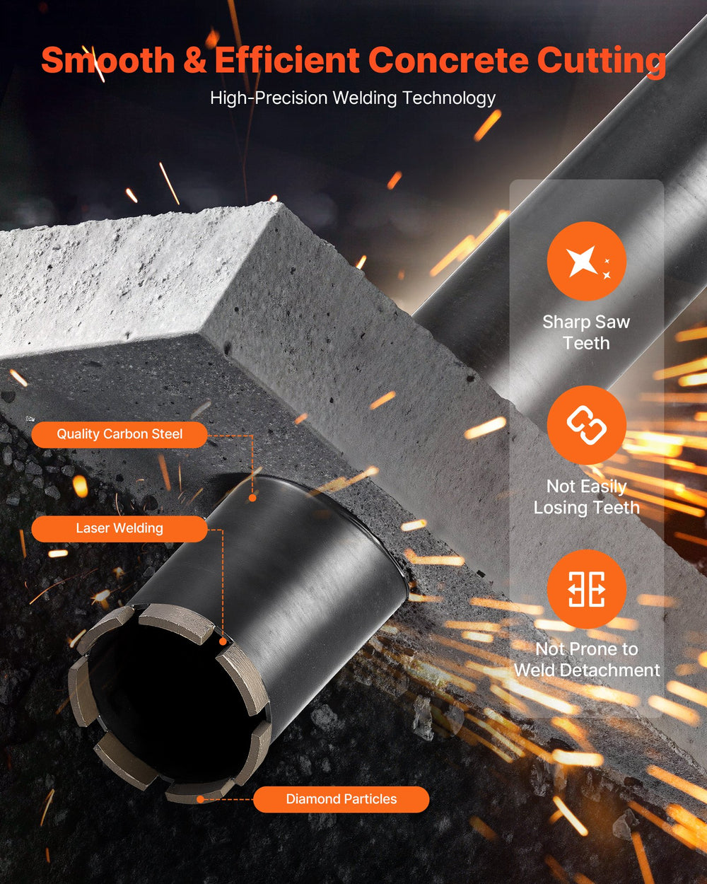 VEVOR Core Drill Bit, 6 Pieces, 1/2/3/4/5/6 inch Diameter, 14 inch Drilling Depth, 1-1/4 in-7 Internal Thread, High-Precision Welding, Wet Diamond Core Bit for Reinforced Concrete, Bricks, and Masonry