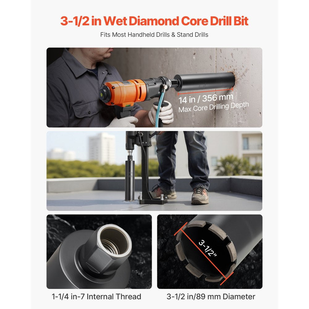 VEVOR Core Drill Bit, 3-1/2 inch Diameter, 14 inch Drilling Depth, 1-1/4 in-7 Internal Thread, High-Precision Welding Technology, Wet Diamond Core Bit for Reinforced Concrete, Bricks, and Masonry