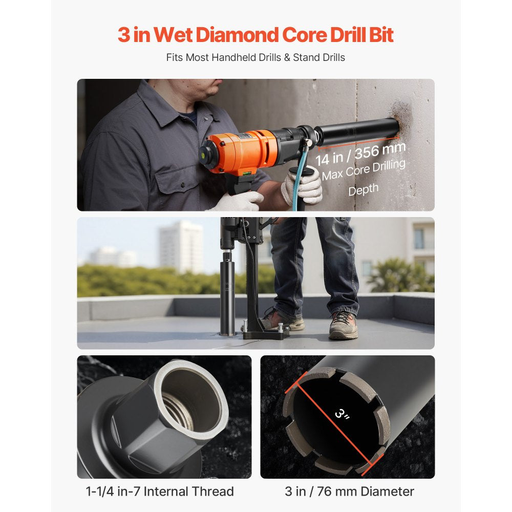 VEVOR Core Drill Bit, 3 inch Diameter, 14 inch Drilling Depth, 1-1/4 in-7 Internal Thread, High-Precision Welding Technology, Wet Diamond Core Bit for Reinforced Concrete, Red Bricks, and Masonry
