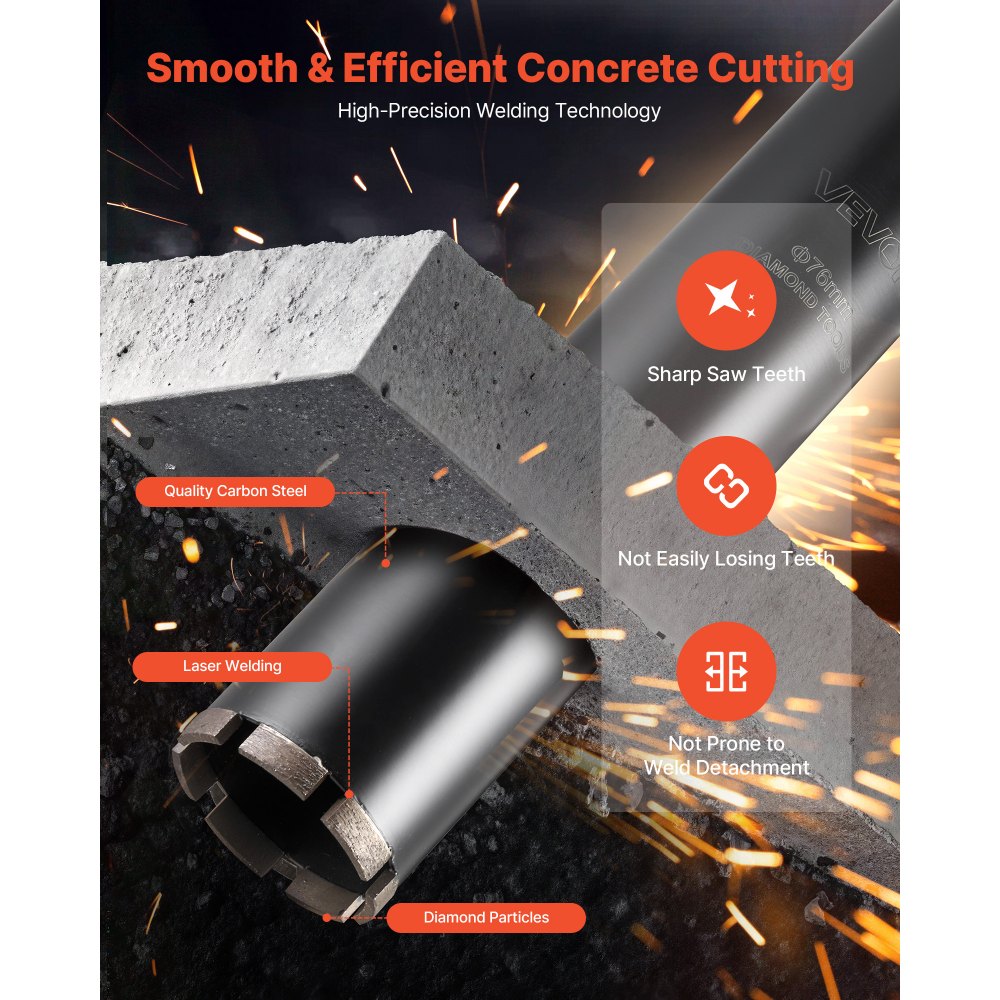 VEVOR Core Drill Bit, 3 inch Diameter, 14 inch Drilling Depth, 1-1/4 in-7 Internal Thread, High-Precision Welding Technology, Wet Diamond Core Bit for Reinforced Concrete, Red Bricks, and Masonry