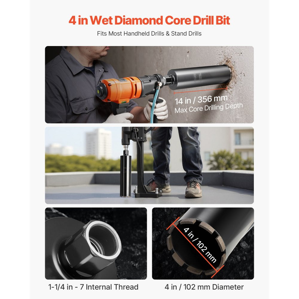 VEVOR Core Drill Bit, 4 inch Diameter, 14 inch Drilling Depth, 1-1/4 in-7 Internal Thread, High-Precision Welding Technology, Wet Diamond Core Bit for Reinforced Concrete, Red Bricks, and Masonry