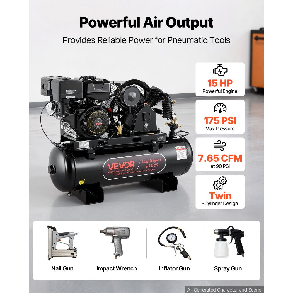 VEVOR 30 Gallon Gas Powered Air Compressor, 15HP 7.65CFM at 90 PSI Air Tank, Gas Driven Two-Stage Compression System with Twin Cylinder Piston Pump & 175 PSI Max Pressure for Workshops Constructions