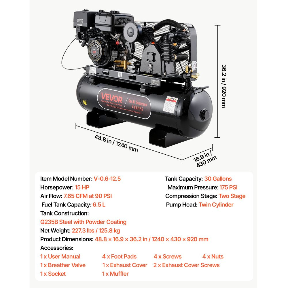 VEVOR 30 Gallon Gas Powered Air Compressor, 15HP 7.65CFM at 90 PSI Air Tank, Gas Driven Two-Stage Compression System with Twin Cylinder Piston Pump & 175 PSI Max Pressure for Workshops Constructions
