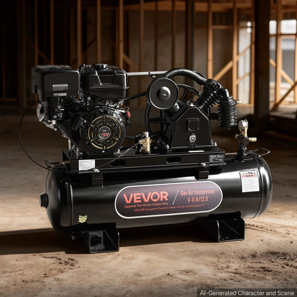 VEVOR 30 Gallon Gas Powered Air Compressor, 15HP 7.65CFM at 90 PSI Air Tank, Gas Driven Two-Stage Compression System with Twin Cylinder Piston Pump & 175 PSI Max Pressure for Workshops Constructions