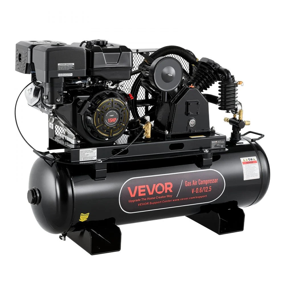 VEVOR 30 Gallon Gas Powered Air Compressor, 15HP 7.65CFM at 90 PSI Air Tank, Gas Driven Two-Stage Compression System with Twin Cylinder Piston Pump & 175 PSI Max Pressure for Workshops Constructions