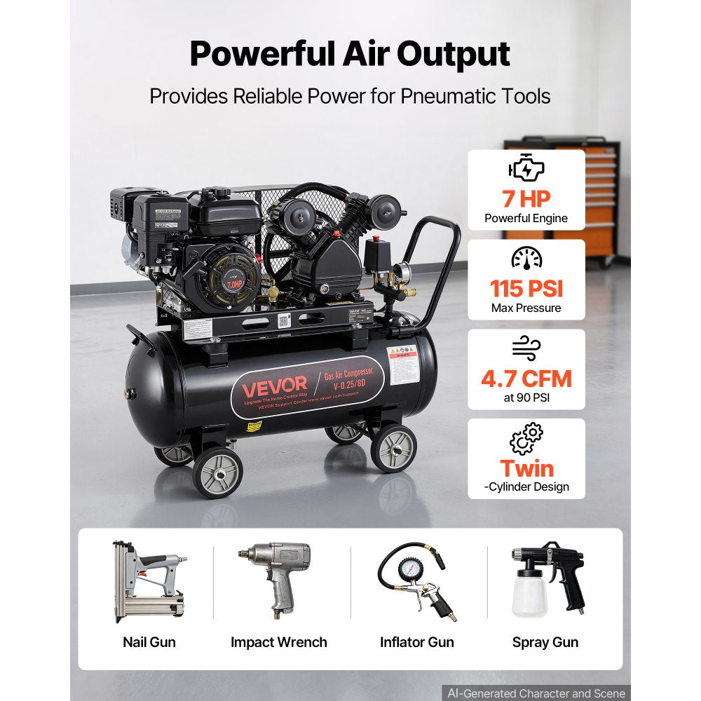 VEVOR 20 Gallon Gas Powered Air Compressor, 7HP 4.7CFM at 90 PSI Air Tank, Gas-Driven Air Compression System with Twin Cylinder Piston Pump, 115 PSI Max Pressure, 4 Wheels for Workshops Constructions