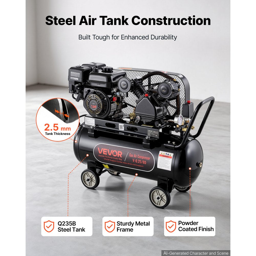 VEVOR 20 Gallon Gas Powered Air Compressor, 7HP 4.7CFM at 90 PSI Air Tank, Gas-Driven Air Compression System with Twin Cylinder Piston Pump, 115 PSI Max Pressure, 4 Wheels for Workshops Constructions