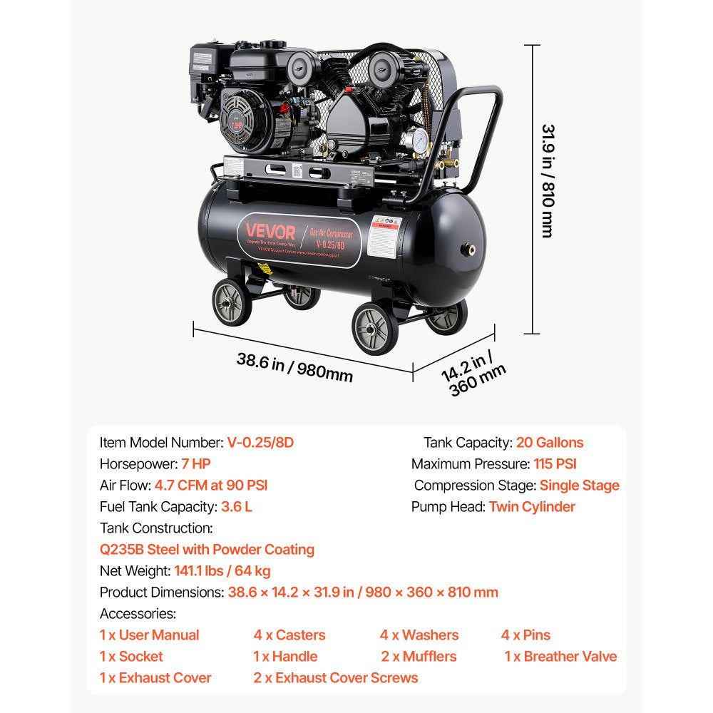 VEVOR 20 Gallon Gas Powered Air Compressor, 7HP 4.7CFM at 90 PSI Air Tank, Gas-Driven Air Compression System with Twin Cylinder Piston Pump, 115 PSI Max Pressure, 4 Wheels for Workshops Constructions