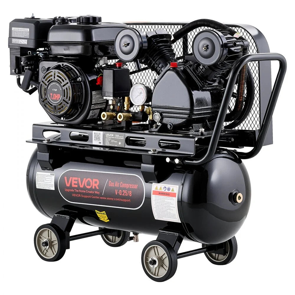 VEVOR 10 Gallon Gas Powered Air Compressor, 7HP 4.7CFM at 90 PSI Air Tank, Gas-Driven Air Compression System with Twin Cylinder Piston Pump, 115 PSI Max Pressure, 4 Wheels for Workshops Constructions