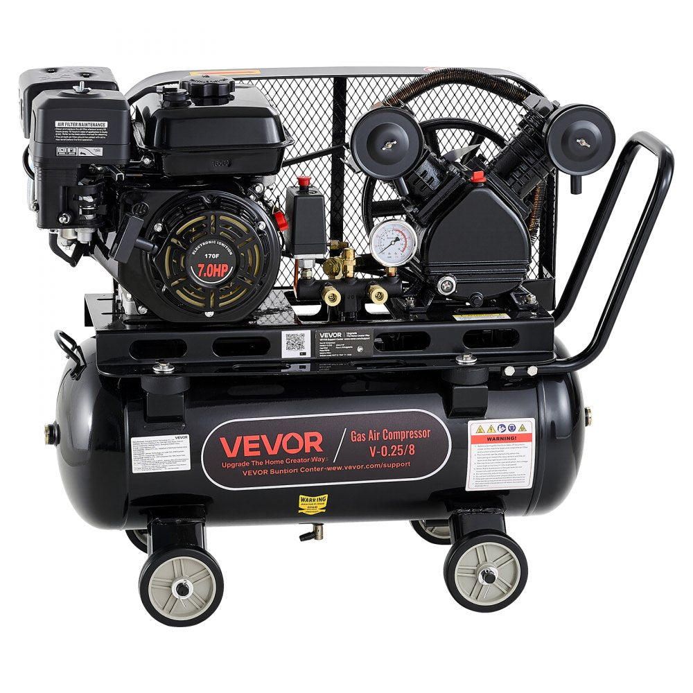 VEVOR 10 Gallon Gas Powered Air Compressor, 7HP 4.7CFM at 90 PSI Air Tank, Gas-Driven Air Compression System with Twin Cylinder Piston Pump, 115 PSI Max Pressure, 4 Wheels for Workshops Constructions