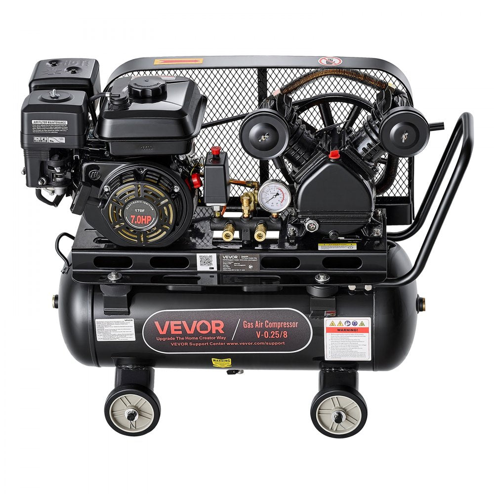 VEVOR 10 Gallon Gas Powered Air Compressor, 7HP 4.7CFM at 90 PSI Air Tank, Gas-Driven Air Compression System with Twin Cylinder Piston Pump, 115 PSI Max Pressure, 4 Wheels for Workshops Constructions