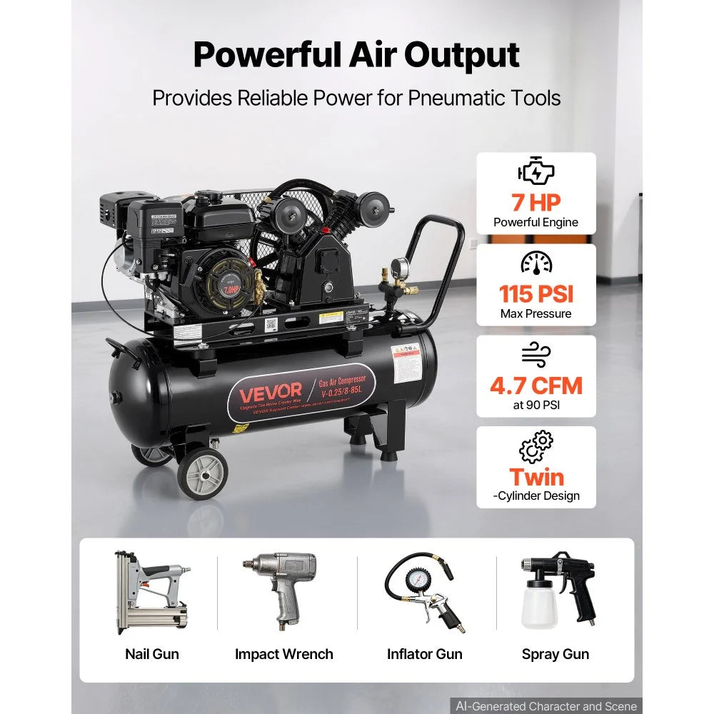 VEVOR 20 Gallon Gas Powered Air Compressor, 7HP 4.7CFM at 90 PSI Air Tank, Gas-Driven Air Compression System with Twin Cylinder Piston Pump, 115 PSI Max Pressure, 2 Wheels for Workshops Constructions