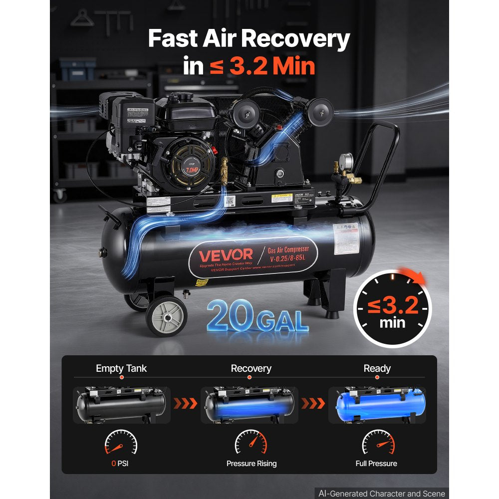 VEVOR 20 Gallon Gas Powered Air Compressor, 7HP 4.7CFM at 90 PSI Air Tank, Gas-Driven Air Compression System with Twin Cylinder Piston Pump, 115 PSI Max Pressure, 2 Wheels for Workshops Constructions