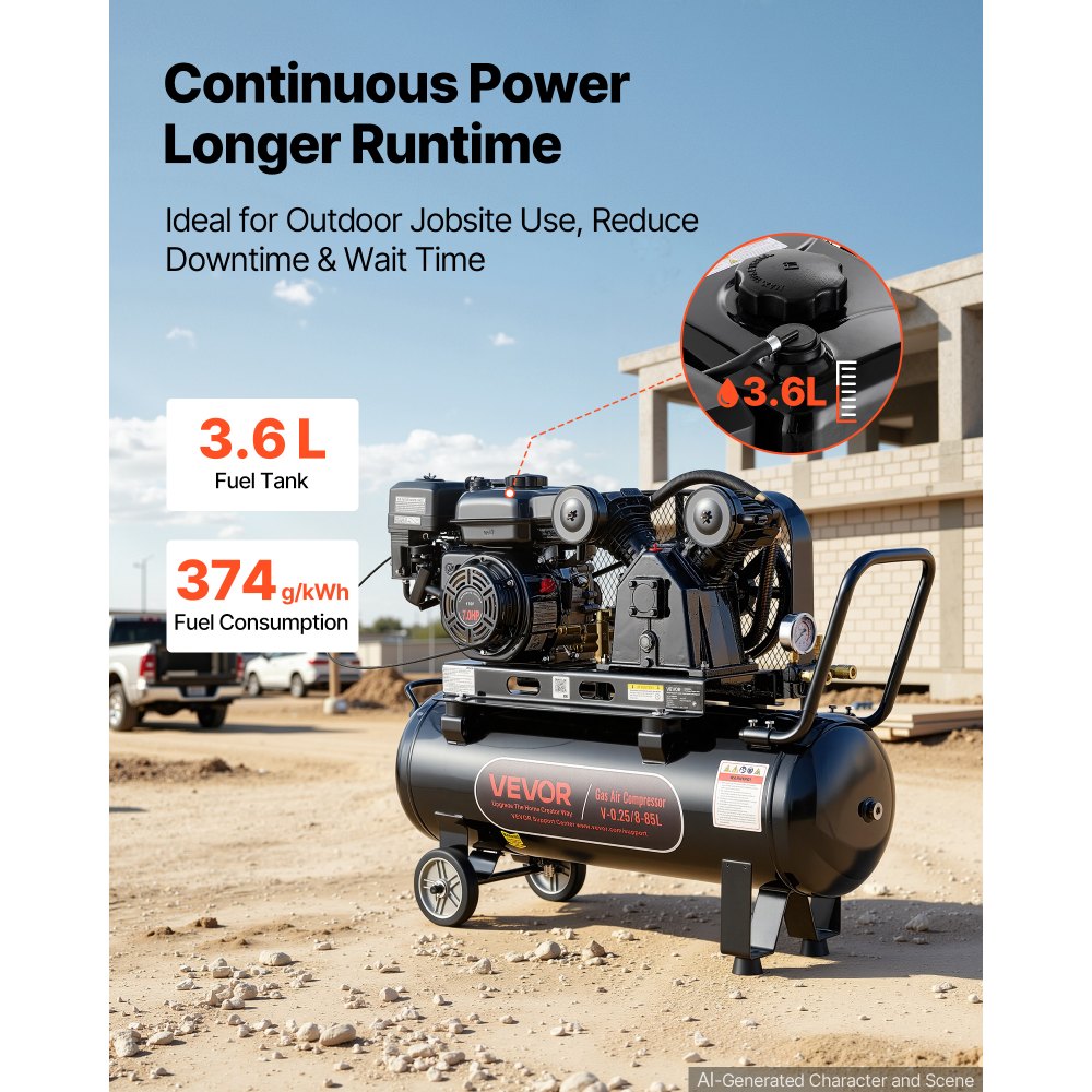 VEVOR 20 Gallon Gas Powered Air Compressor, 7HP 4.7CFM at 90 PSI Air Tank, Gas-Driven Air Compression System with Twin Cylinder Piston Pump, 115 PSI Max Pressure, 2 Wheels for Workshops Constructions
