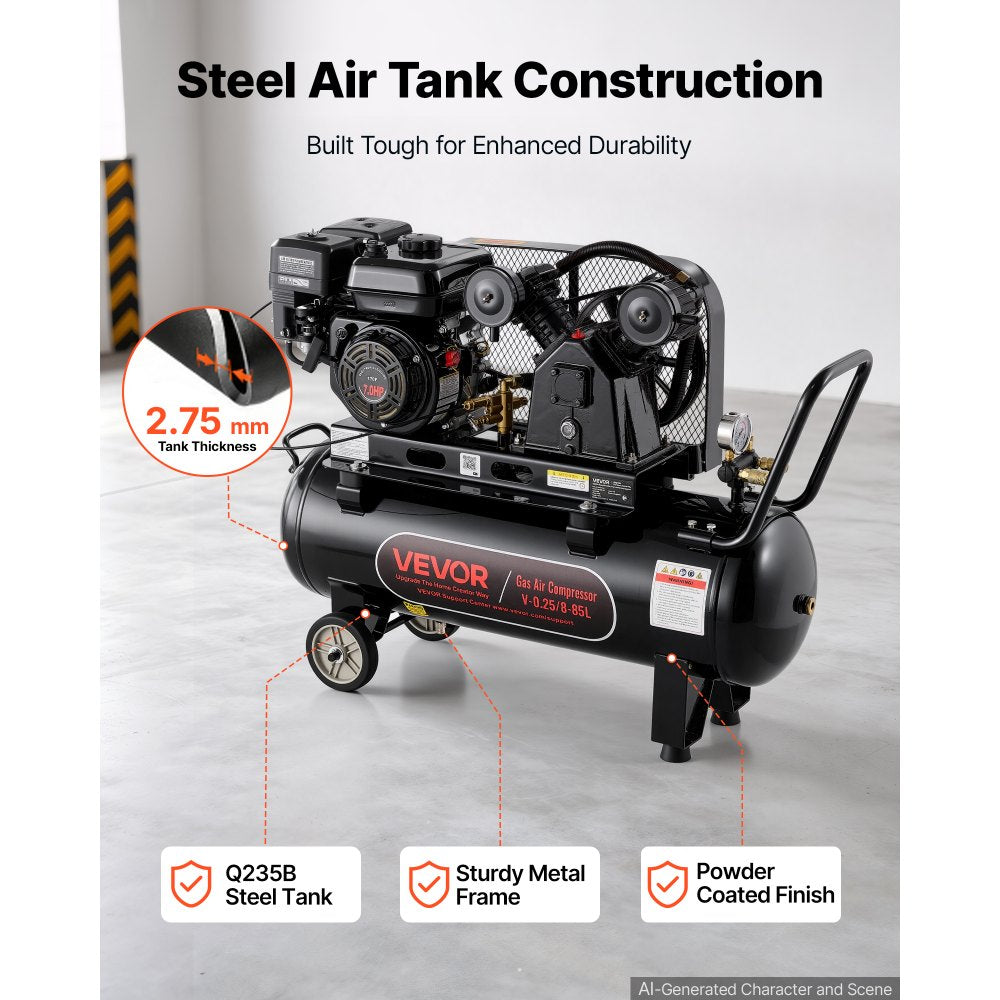 VEVOR 20 Gallon Gas Powered Air Compressor, 7HP 4.7CFM at 90 PSI Air Tank, Gas-Driven Air Compression System with Twin Cylinder Piston Pump, 115 PSI Max Pressure, 2 Wheels for Workshops Constructions
