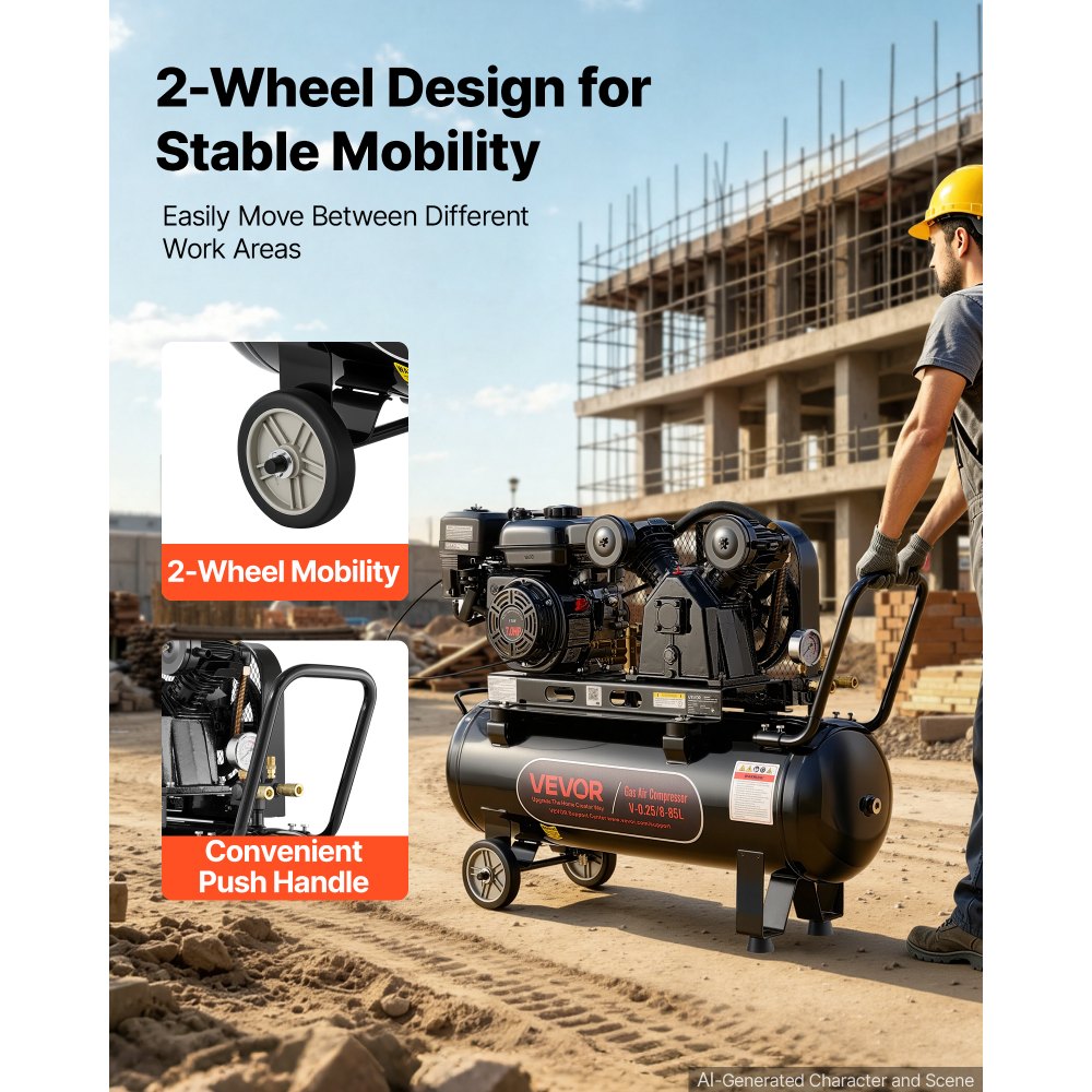 VEVOR 20 Gallon Gas Powered Air Compressor, 7HP 4.7CFM at 90 PSI Air Tank, Gas-Driven Air Compression System with Twin Cylinder Piston Pump, 115 PSI Max Pressure, 2 Wheels for Workshops Constructions