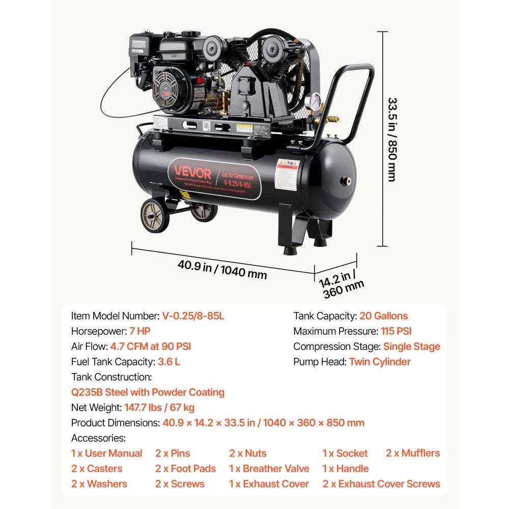 VEVOR 20 Gallon Gas Powered Air Compressor, 7HP 4.7CFM at 90 PSI Air Tank, Gas-Driven Air Compression System with Twin Cylinder Piston Pump, 115 PSI Max Pressure, 2 Wheels for Workshops Constructions