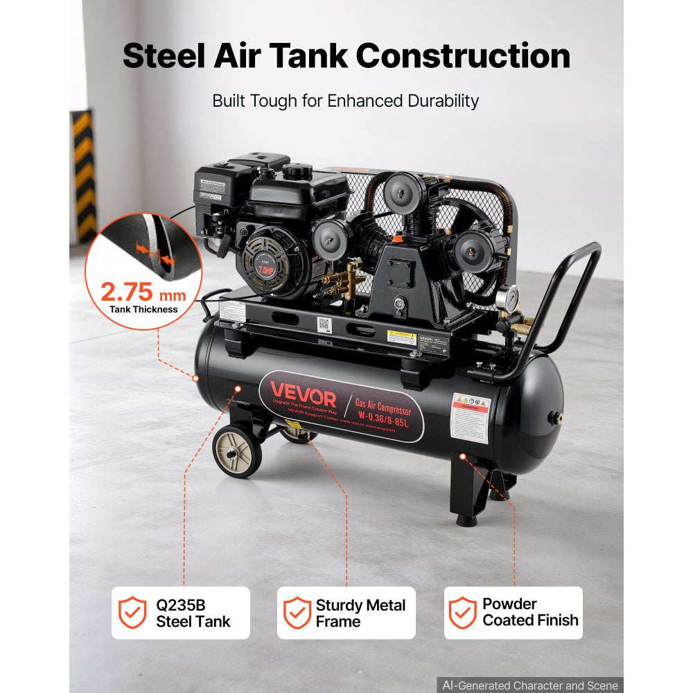 VEVOR 20 Gallon Gas Powered Air Compressor, 7HP 6.2CFM at 90 PSI Air Tank, Gas-Driven Air Compression System with Three-Cylinder Piston Pump, 115 PSI Max Pressure, 2 Wheels for Workshops Constructions