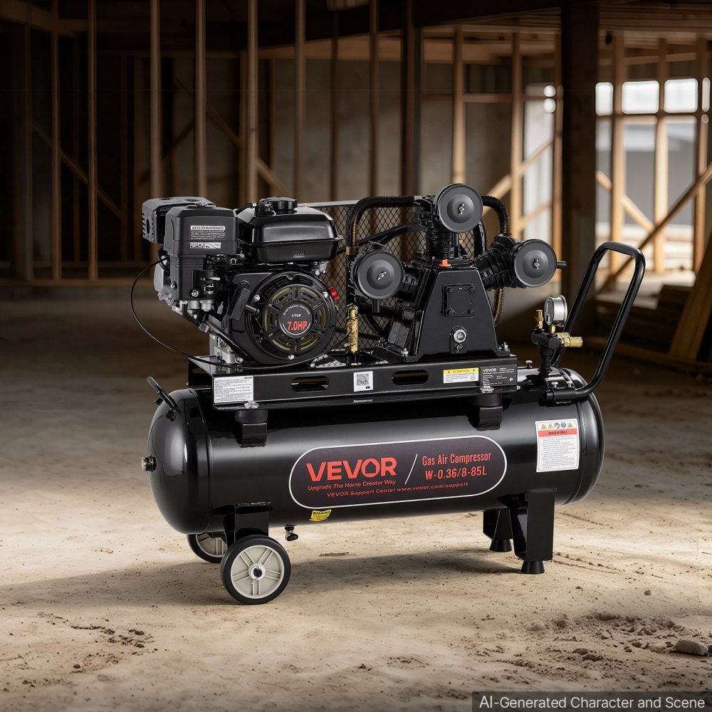 VEVOR 20 Gallon Gas Powered Air Compressor, 7HP 6.2CFM at 90 PSI Air Tank, Gas-Driven Air Compression System with Three-Cylinder Piston Pump, 115 PSI Max Pressure, 2 Wheels for Workshops Constructions