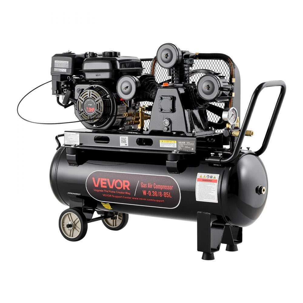 VEVOR 20 Gallon Gas Powered Air Compressor, 7HP 6.2CFM at 90 PSI Air Tank, Gas-Driven Air Compression System with Three-Cylinder Piston Pump, 115 PSI Max Pressure, 2 Wheels for Workshops Constructions