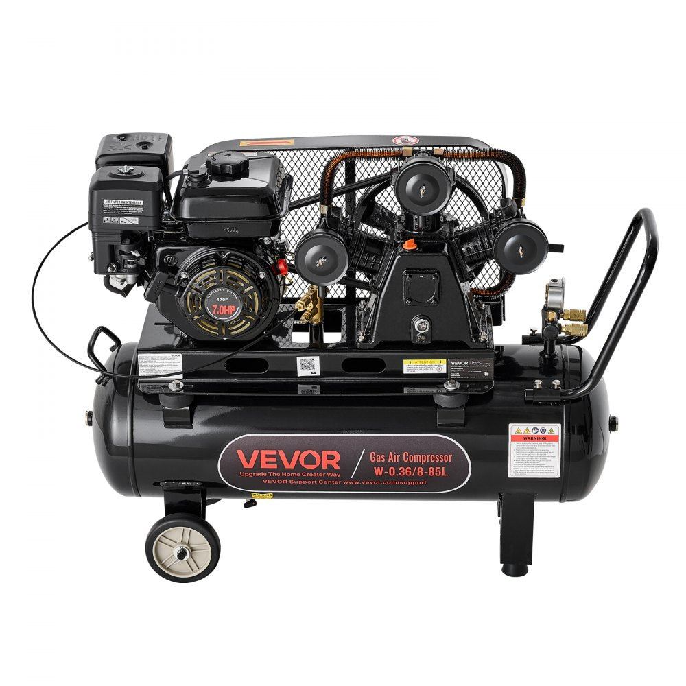 VEVOR 20 Gallon Gas Powered Air Compressor, 7HP 6.2CFM at 90 PSI Air Tank, Gas-Driven Air Compression System with Three-Cylinder Piston Pump, 115 PSI Max Pressure, 2 Wheels for Workshops Constructions