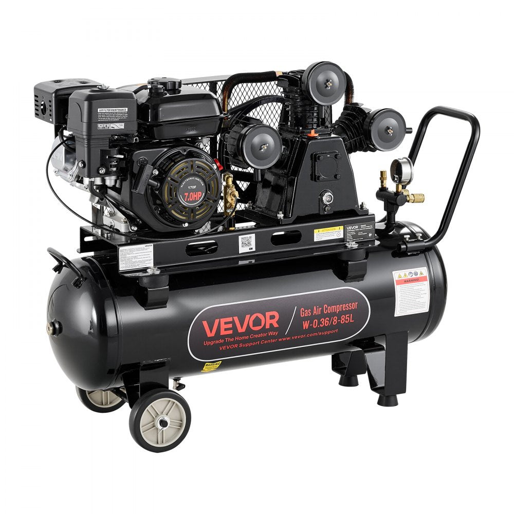 VEVOR 20 Gallon Gas Powered Air Compressor, 7HP 6.2CFM at 90 PSI Air Tank, Gas-Driven Air Compression System with Three-Cylinder Piston Pump, 115 PSI Max Pressure, 2 Wheels for Workshops Constructions