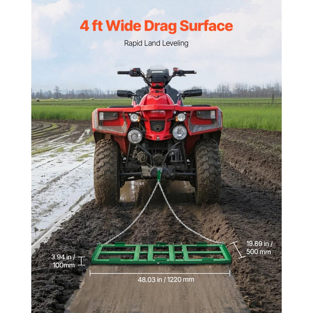 VEVOR Drag Harrow, 4 ft Heavy Duty Tow Behind Drag Harrow with Adjustable Bars & 72 in Chain, Driveway Grader Landscape Rake for ATV, UTV, Tractor, Mower Tow Behind Yard Lawn Leveling Tool