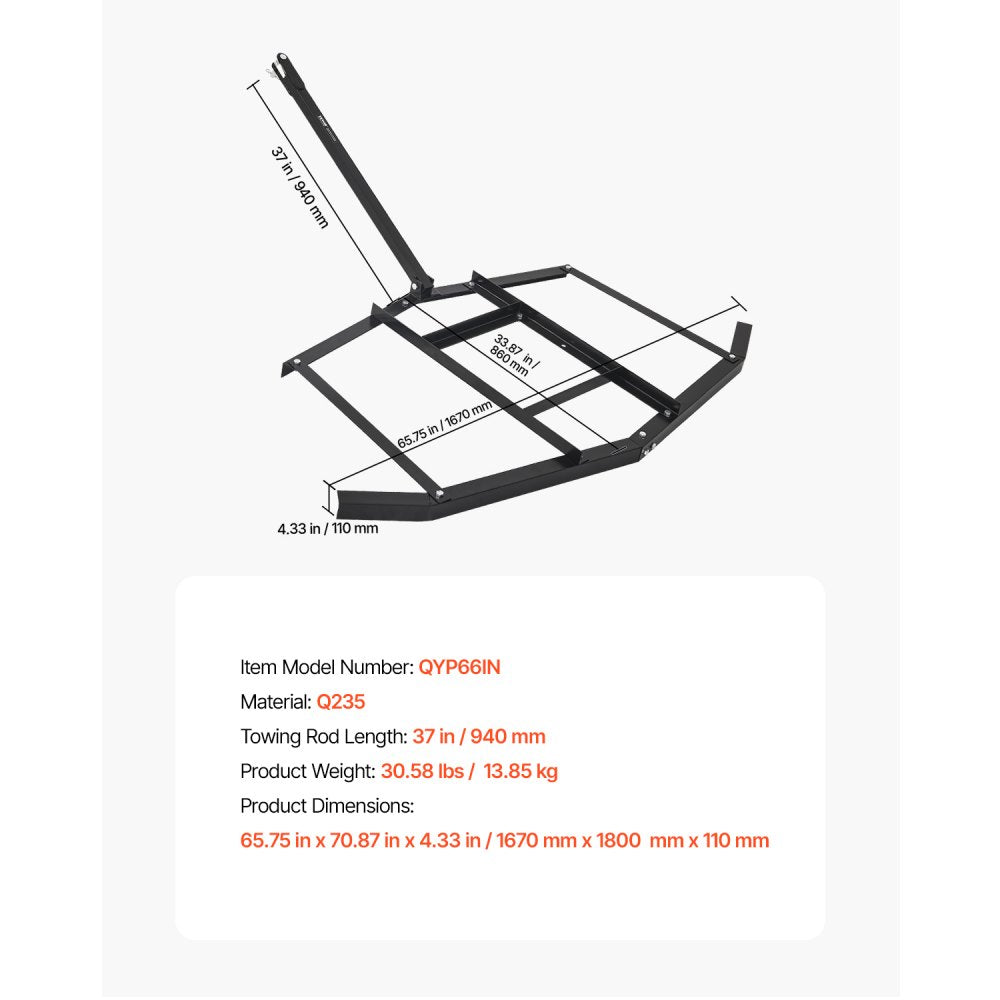 VEVOR Drag Harrow, 66" Width Tow Behind Drag Harrow, Q235 Steel Driveway Grader with Adjustable Bars & Pin Hitch, Support up to 50 lbs, Tractor Driveway Harrow for ATVs, UTVs, Garden Lawn Tractors