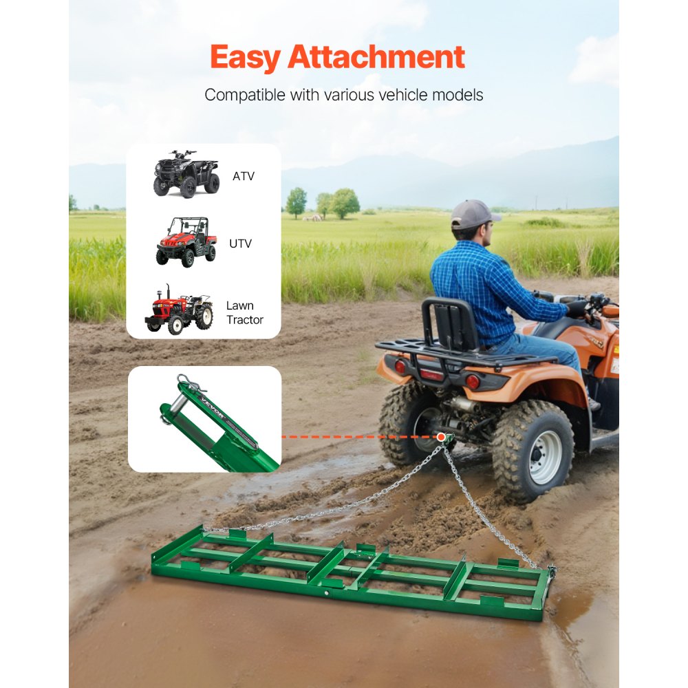 VEVOR Drag Harrow, 6 ft Heavy Duty Tow Behind Drag Harrow with Adjustable Bars & 72 in Chain, Driveway Grader Landscape Rake for ATV, UTV, Tractor, Mower Tow Behind Yard Lawn Leveling Tool
