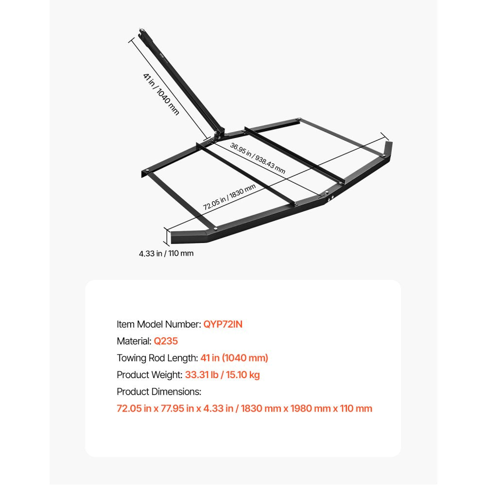 VEVOR Drag Harrow, 72" Width Tow Behind Drag Harrow, Q235 Steel Driveway Grader with Pin-Style Hitch, Driveway Tractor Gravel Level Driveway Grader for ATVs, UTV, Garden Lawn Tractors