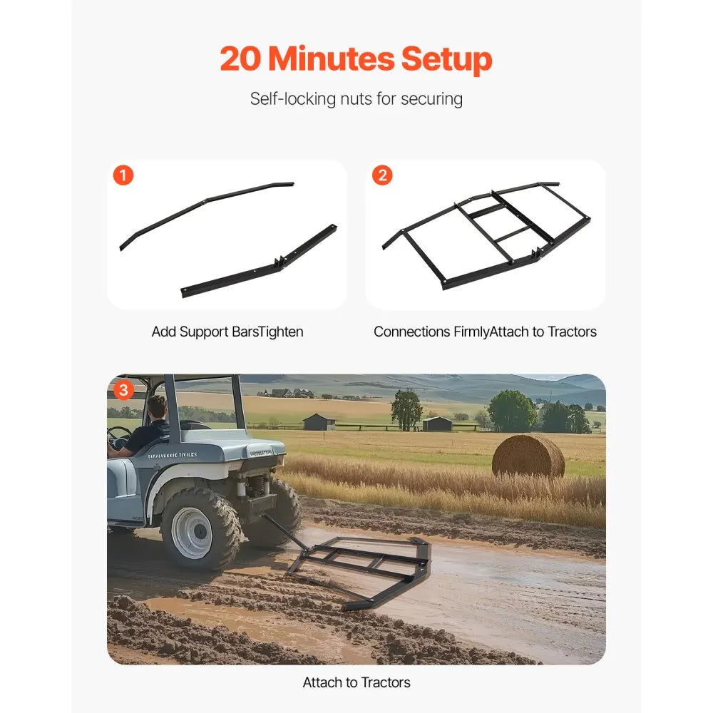 VEVOR Drag Harrow, 74" Width Tow Behind Drag Harrow, Q235 Steel Driveway Grader with Adjustable Bars & Pin Hitch, Support up to 50 lbs, Tractor Driveway Harrow for ATVs, UTVs, Garden Lawn Tractors