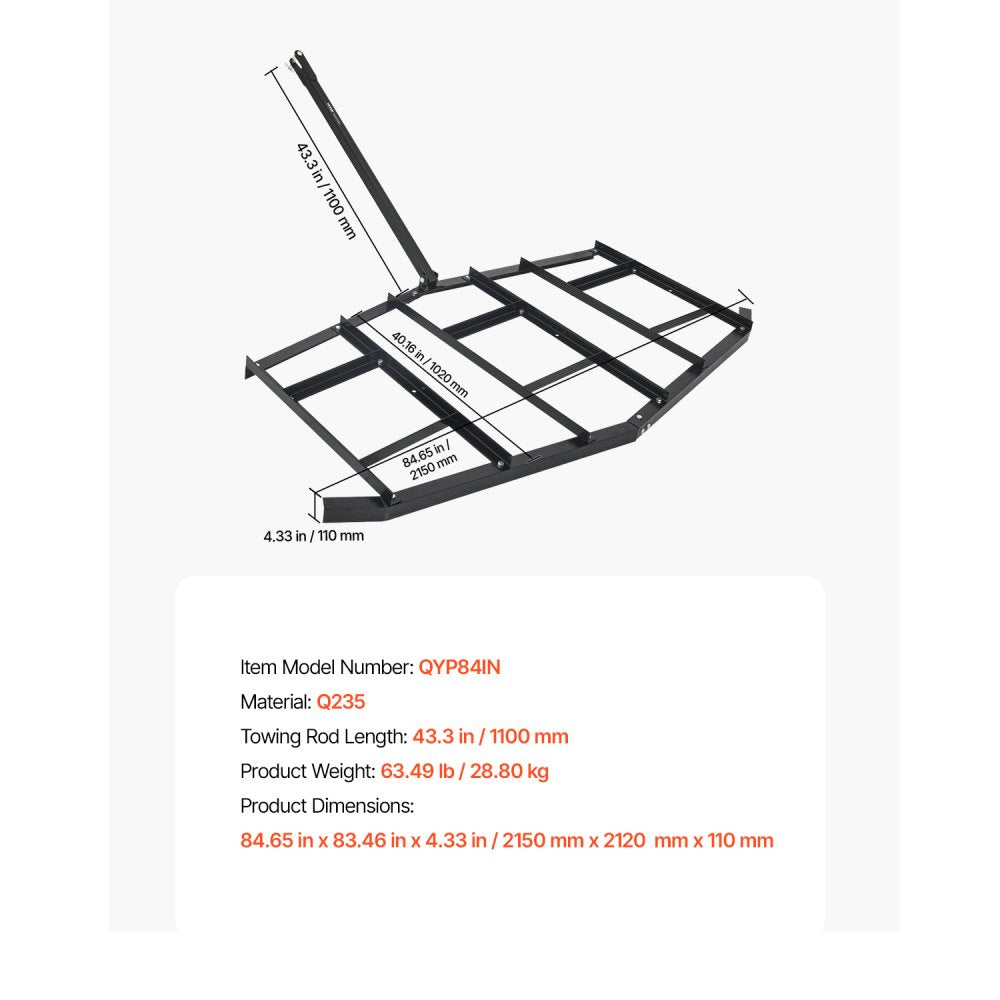 VEVOR Drag Harrow, 84" Width Tow Behind Drag Harrow, Q235 Steel Driveway Grader with Adjustable Bars & Pin Hitch, Support up to 50 lbs, Tractor Driveway Harrow for ATVs, UTVs, Garden Lawn Tractors