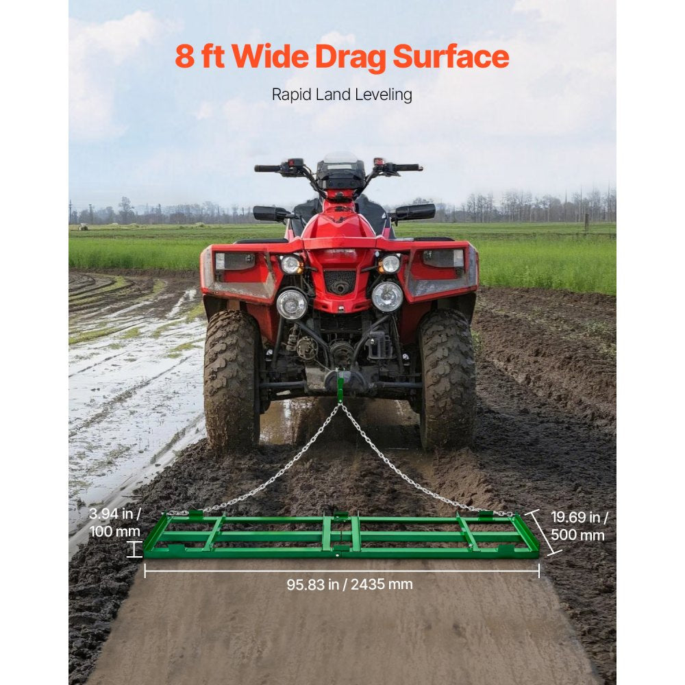 VEVOR Drag Harrow, 8 ft Heavy Duty Tow Behind Drag Harrow with Adjustable Bars & 72 in Chain, Driveway Grader Landscape Rake for ATV, UTV, Tractor, Mower Tow Behind Yard Lawn Leveling Tool