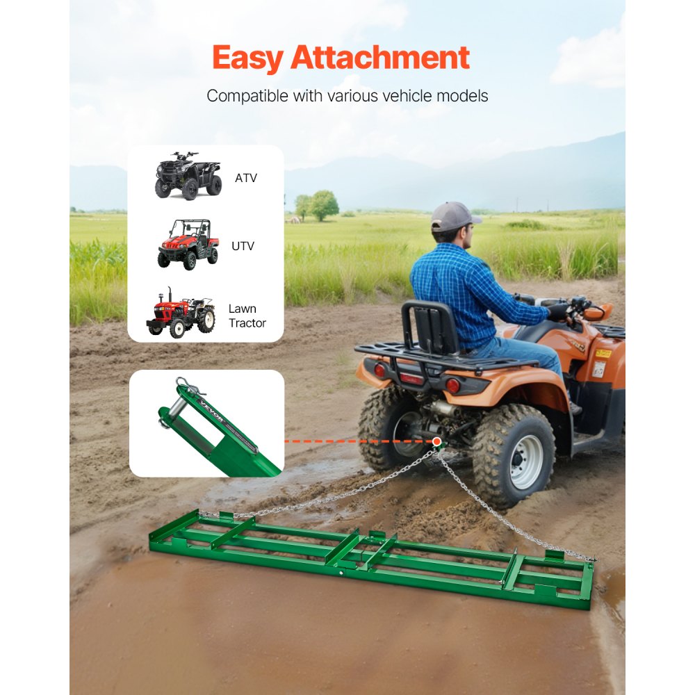 VEVOR Drag Harrow, 8 ft Heavy Duty Tow Behind Drag Harrow with Adjustable Bars & 72 in Chain, Driveway Grader Landscape Rake for ATV, UTV, Tractor, Mower Tow Behind Yard Lawn Leveling Tool