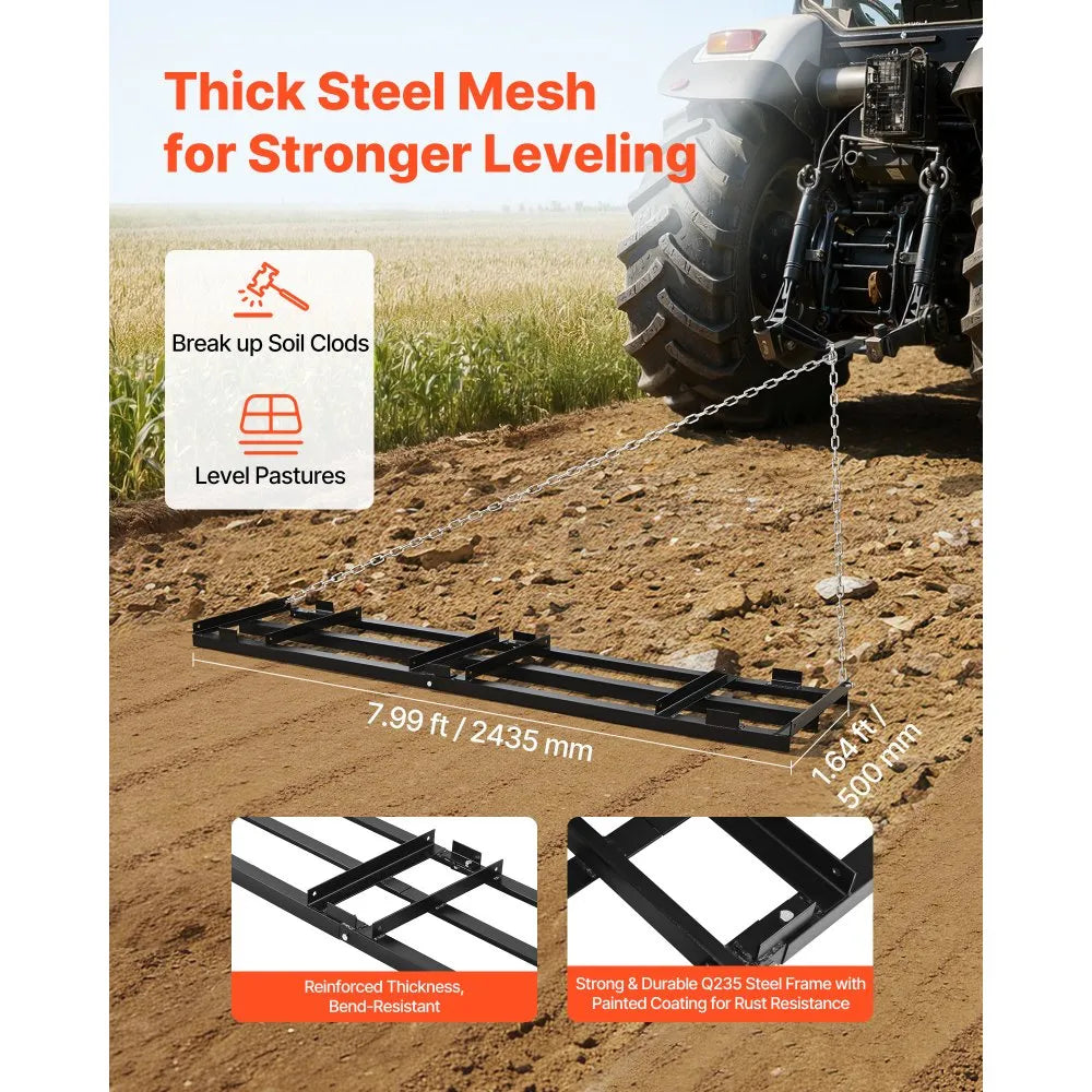 VEVOR Drag Harrow, 96 x 20 in, Tow-Behind Driveway Grader with Adjustable Width & 50lbs Load Capacity, Heavy Duty Lawn Leveling Rake, Galvanized Steel Gravel Driveway Drag, Fits ATVs UTVs Tractors