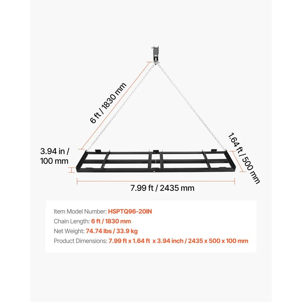 VEVOR Drag Harrow, 96 x 20 in, Tow-Behind Driveway Grader with Adjustable Width & 50lbs Load Capacity, Heavy Duty Lawn Leveling Rake, Galvanized Steel Gravel Driveway Drag, Fits ATVs UTVs Tractors
