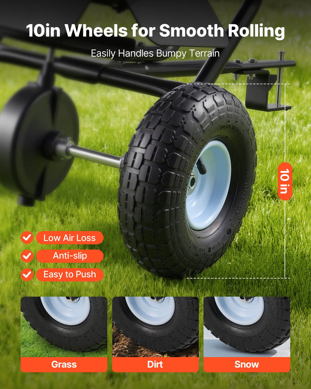 VEVOR Tow-Behind Spreader, 9.8 ft Spreading Width, Broadcast Spreader with 10" All-Terrain Tires, 85 lbs Capacity Hopper, Adjustable Flow Control, Lawn Spreaders for Seed Fertilizer Ice Melt